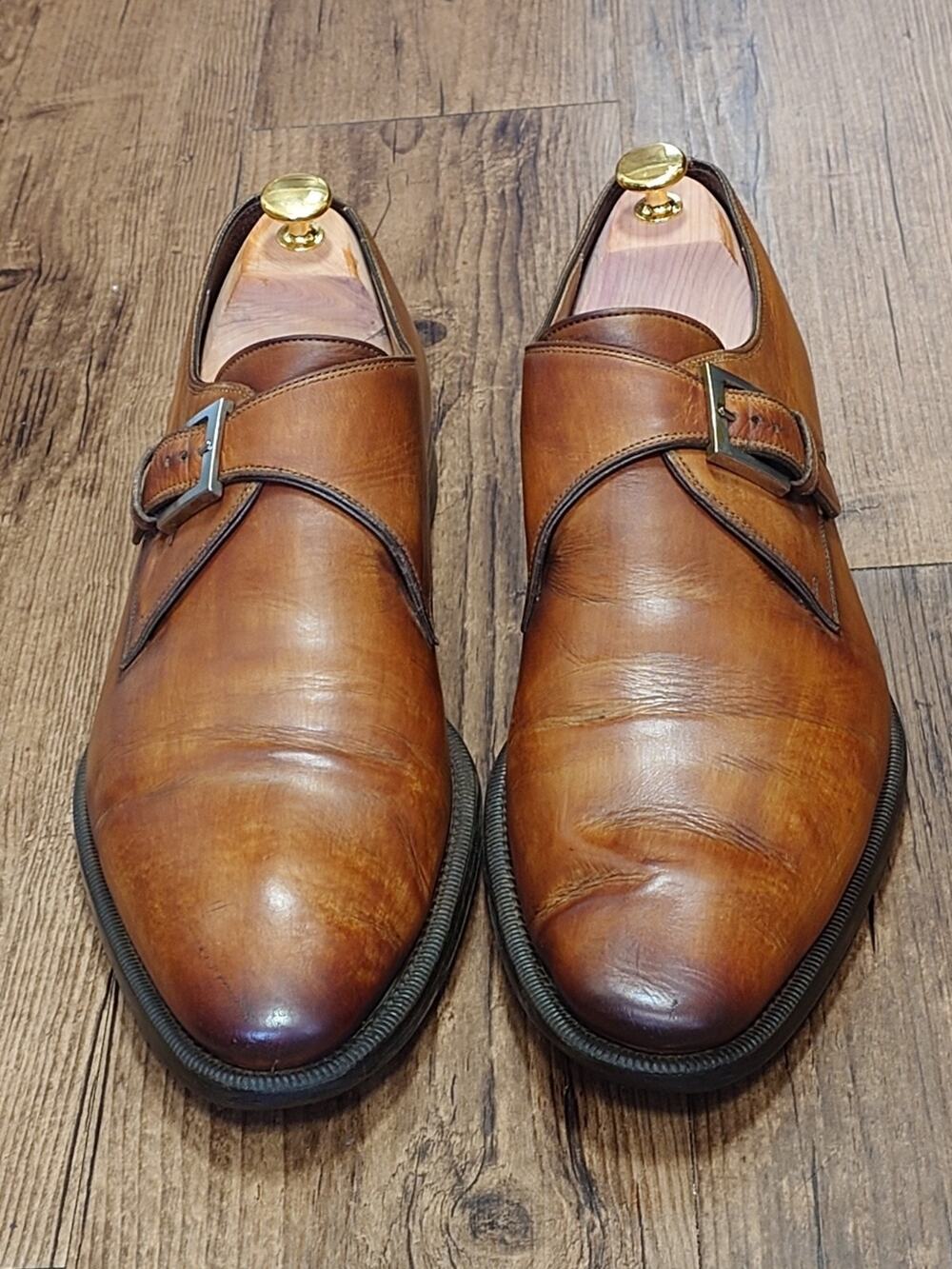 Magnanni Men’s Monk Strap 13M Tan Brown Burnished Leather Dress Shoes